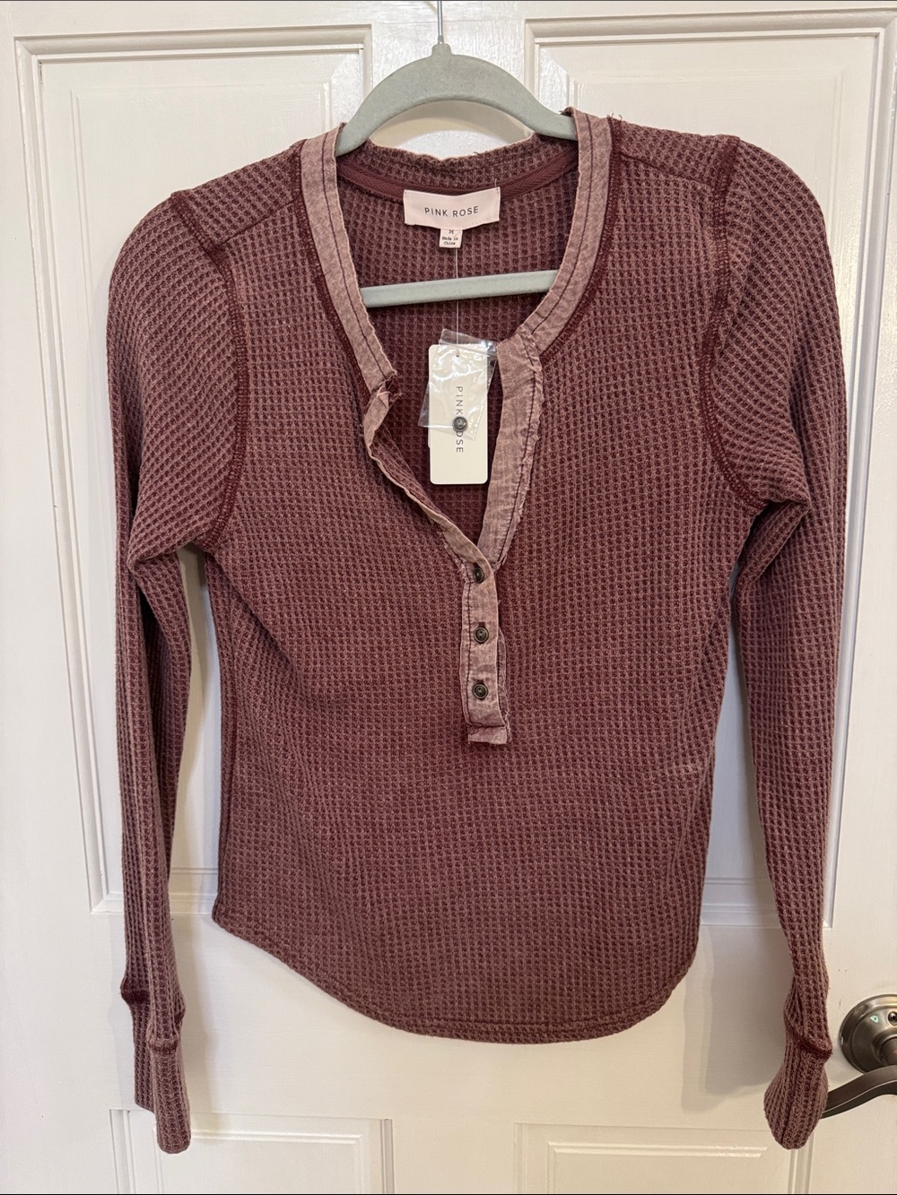 Pink Rose Mauve Waffle Henley Long Sleeve Top